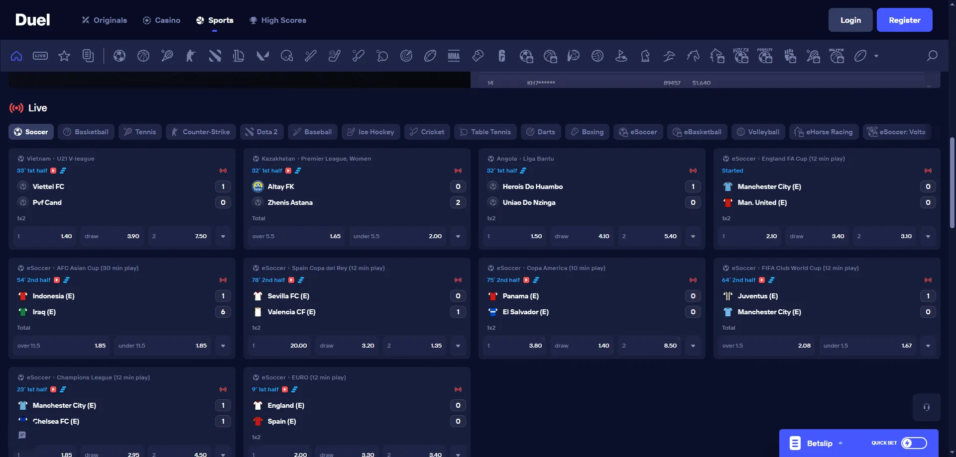 Duel Casino sportsbook – stávkovanie na futbal a 50+ športov